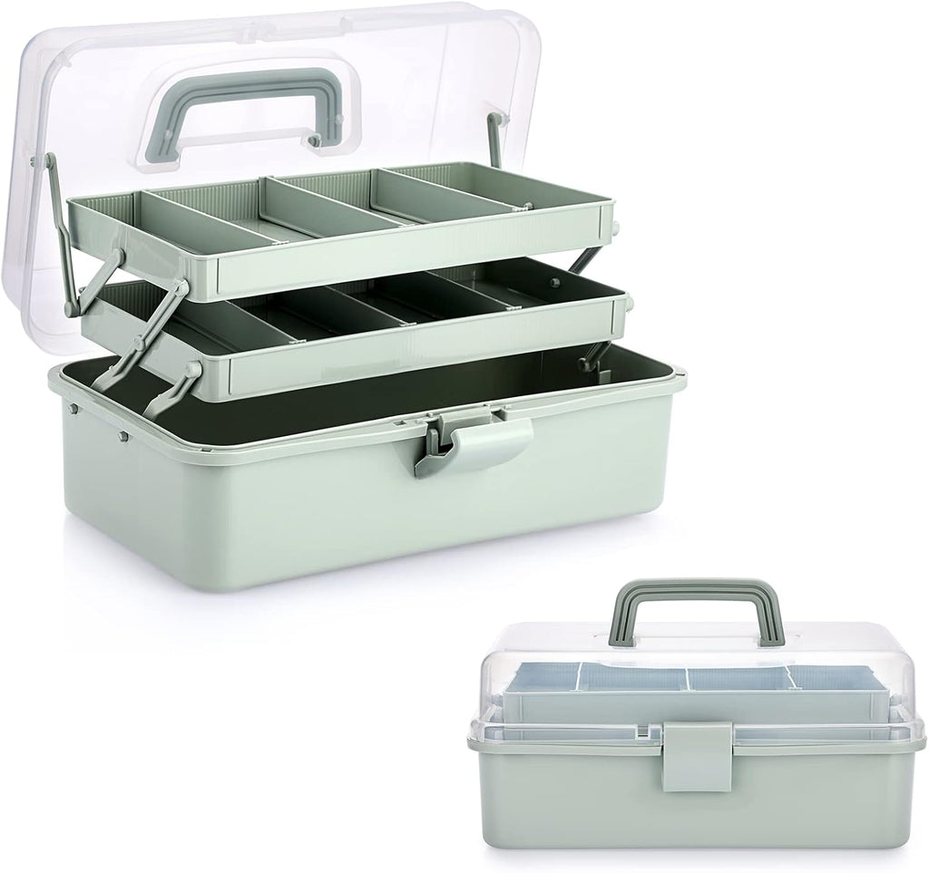 BTSKY 3-Layer Plastic Dividing Storage Box Craft Organizer and Storage | Portable Handled Art Supply Organizer with Adjustable Spacers Multipurpose Home Utility Box for Medicine Sewing(Haze Green)