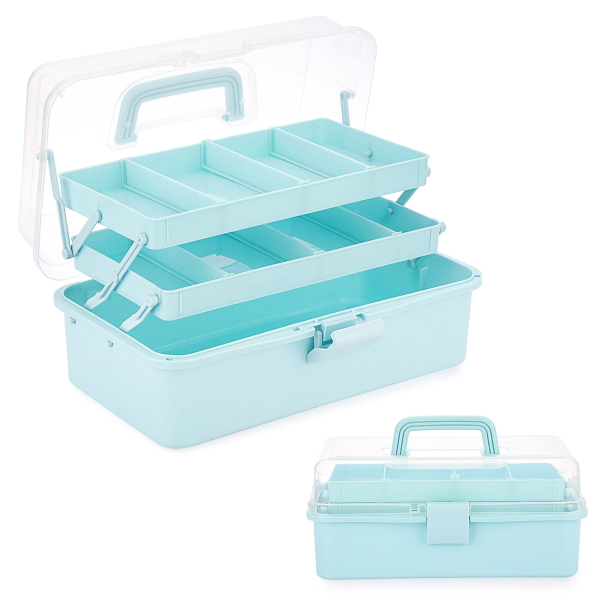BTSKY 3-Layer Plastic Dividing Storage Box Craft Organizer and Storage | Portable Handled Art Supply Organizer with Adjustable Spacers Multipurpose Home Utility Box for Medicine Sewing(Haze Green)