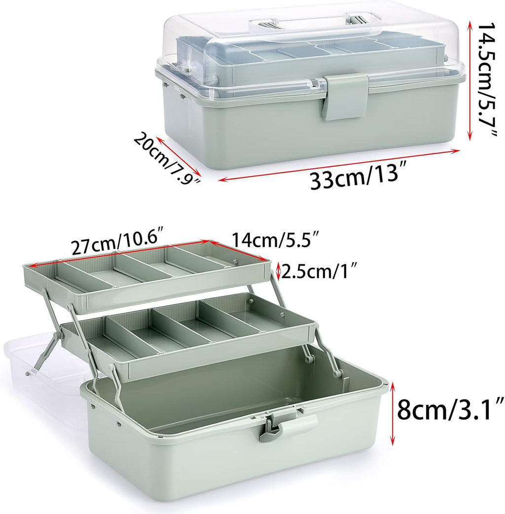 BTSKY 3-Layer Plastic Dividing Storage Box Craft Organizer and Storage | Portable Handled Art Supply Organizer with Adjustable Spacers Multipurpose Home Utility Box for Medicine Sewing(Haze Green)