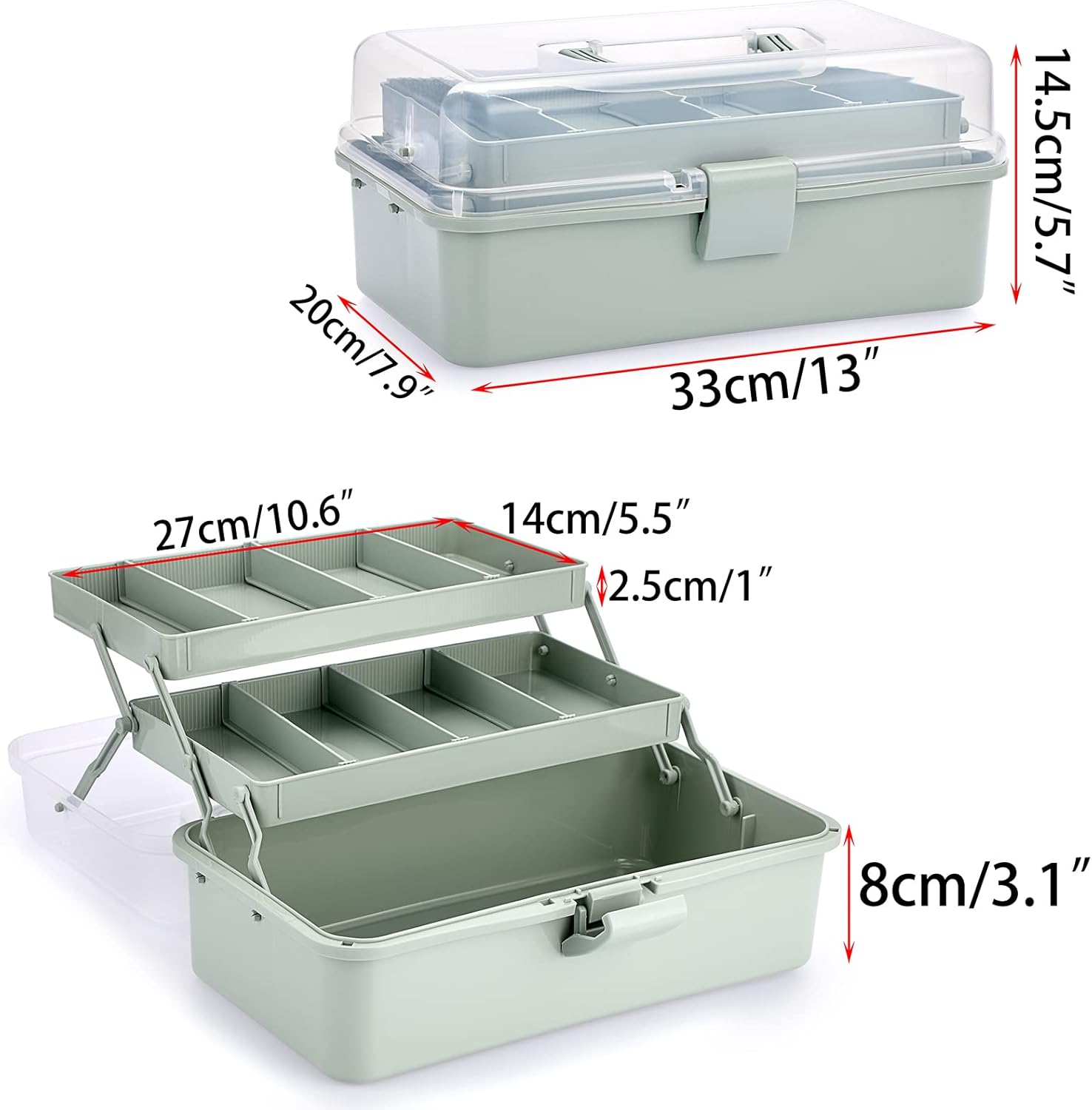 BTSKY 3-Layer Plastic Dividing Storage Box Craft Organizer and Storage | Portable Handled Art Supply Organizer with Adjustable Spacers Multipurpose Home Utility Box for Medicine Sewing(Haze Green)