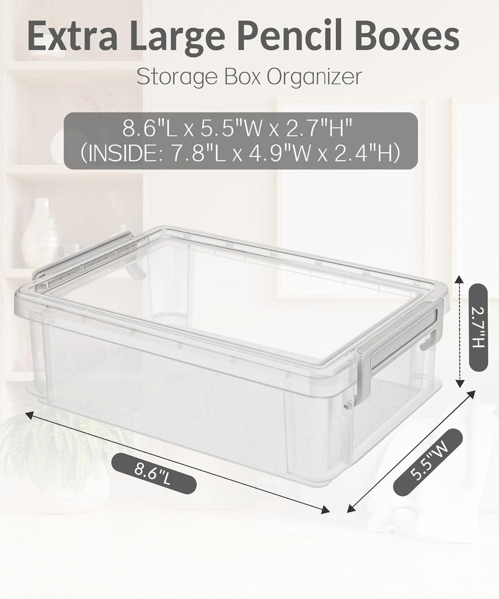 Sooez 6 Pack Extra Large Pencil Box, Plastic Pencil Case Crayon Box | Clear Marker Organizer Plastic Containers with Lid, Stackable Storage Boxes for Art Craft,Back to School Supplies, Grey