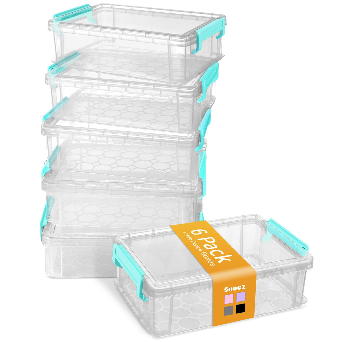 Sooez 6 Pack Extra Large Pencil Box, Plastic Pencil Case Crayon Box | Clear Marker Organizer Plastic Containers with Lid, Stackable Storage Boxes for Art Craft,Back to School Supplies, Grey