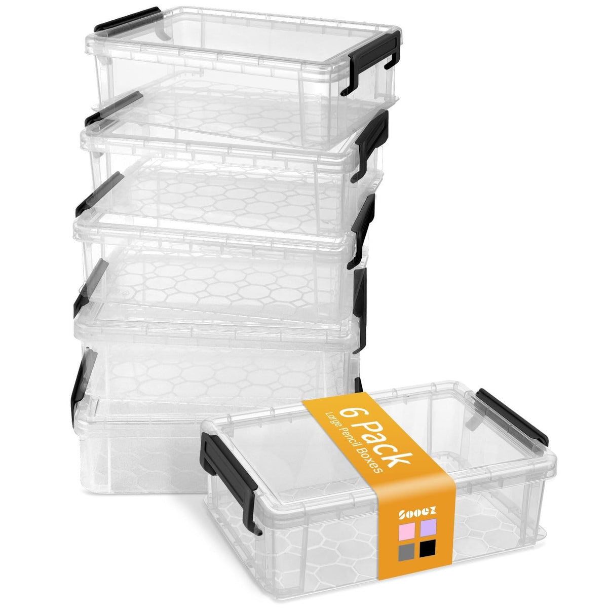 Sooez 6 Pack Extra Large Pencil Box, Plastic Pencil Case Crayon Box | Clear Marker Organizer Plastic Containers with Lid, Stackable Storage Boxes for Art Craft,Back to School Supplies, Grey