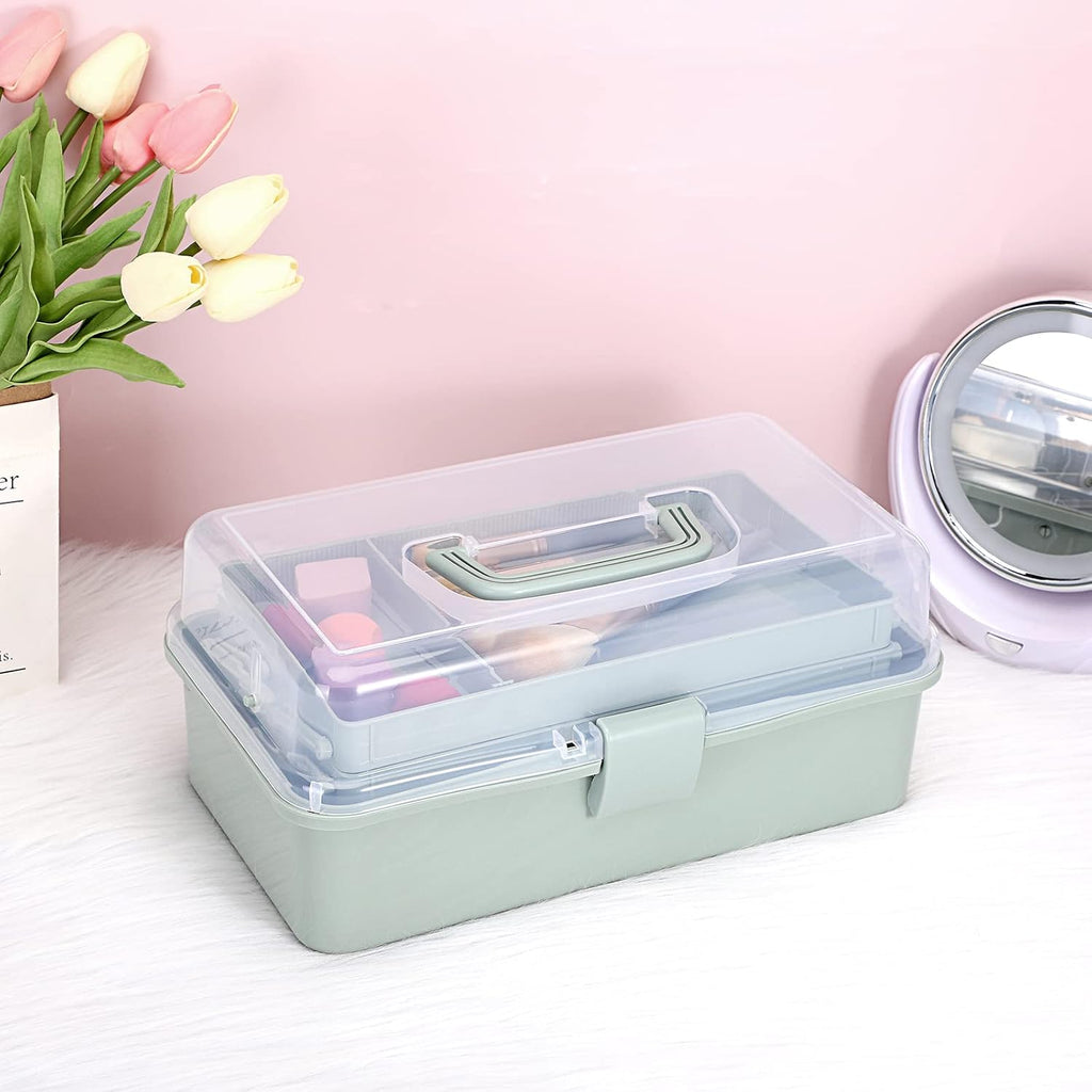 BTSKY 3-Layer Plastic Dividing Storage Box Craft Organizer and Storage | Portable Handled Art Supply Organizer with Adjustable Spacers Multipurpose Home Utility Box for Medicine Sewing(Haze Green)
