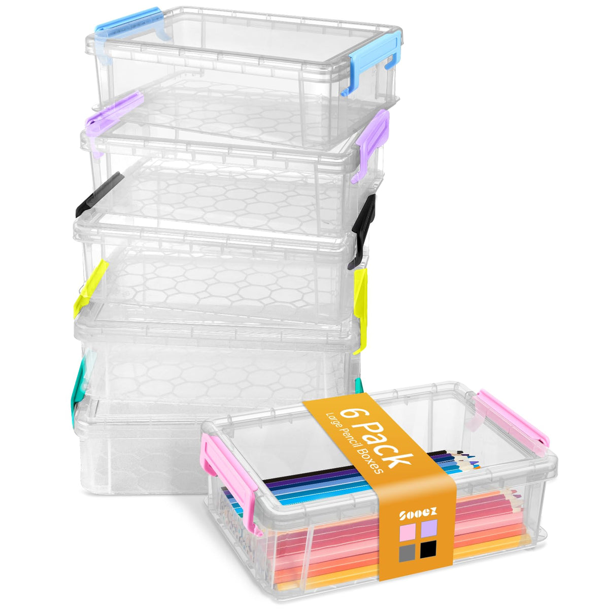 Sooez 6 Pack Extra Large Pencil Box, Plastic Pencil Case Crayon Box | Clear Marker Organizer Plastic Containers with Lid, Stackable Storage Boxes for Art Craft,Back to School Supplies, Grey