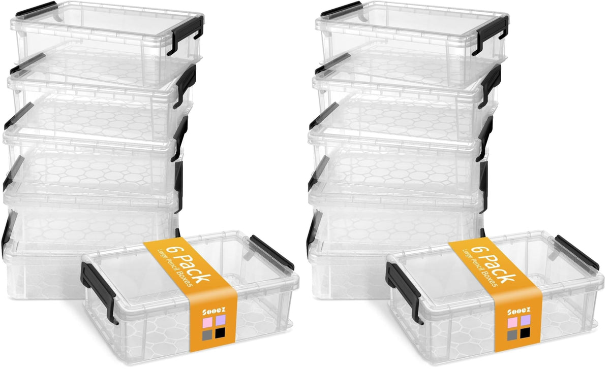 Sooez 6 Pack Extra Large Pencil Box, Plastic Pencil Case Crayon Box | Clear Marker Organizer Plastic Containers with Lid, Stackable Storage Boxes for Art Craft,Back to School Supplies, Grey