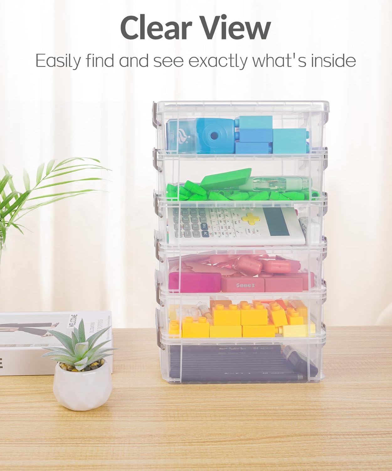 Sooez 6 Pack Extra Large Pencil Box, Plastic Pencil Case Crayon Box | Clear Marker Organizer Plastic Containers with Lid, Stackable Storage Boxes for Art Craft,Back to School Supplies, Grey