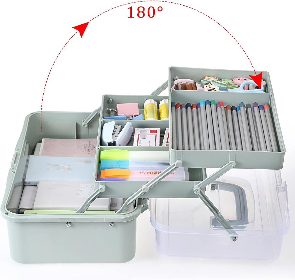 BTSKY 3-Layer Plastic Dividing Storage Box Craft Organizer and Storage | Portable Handled Art Supply Organizer with Adjustable Spacers Multipurpose Home Utility Box for Medicine Sewing(Haze Green)