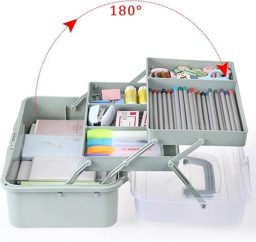BTSKY 3-Layer Plastic Dividing Storage Box Craft Organizer and Storage | Portable Handled Art Supply Organizer with Adjustable Spacers Multipurpose Home Utility Box for Medicine Sewing(Haze Green)