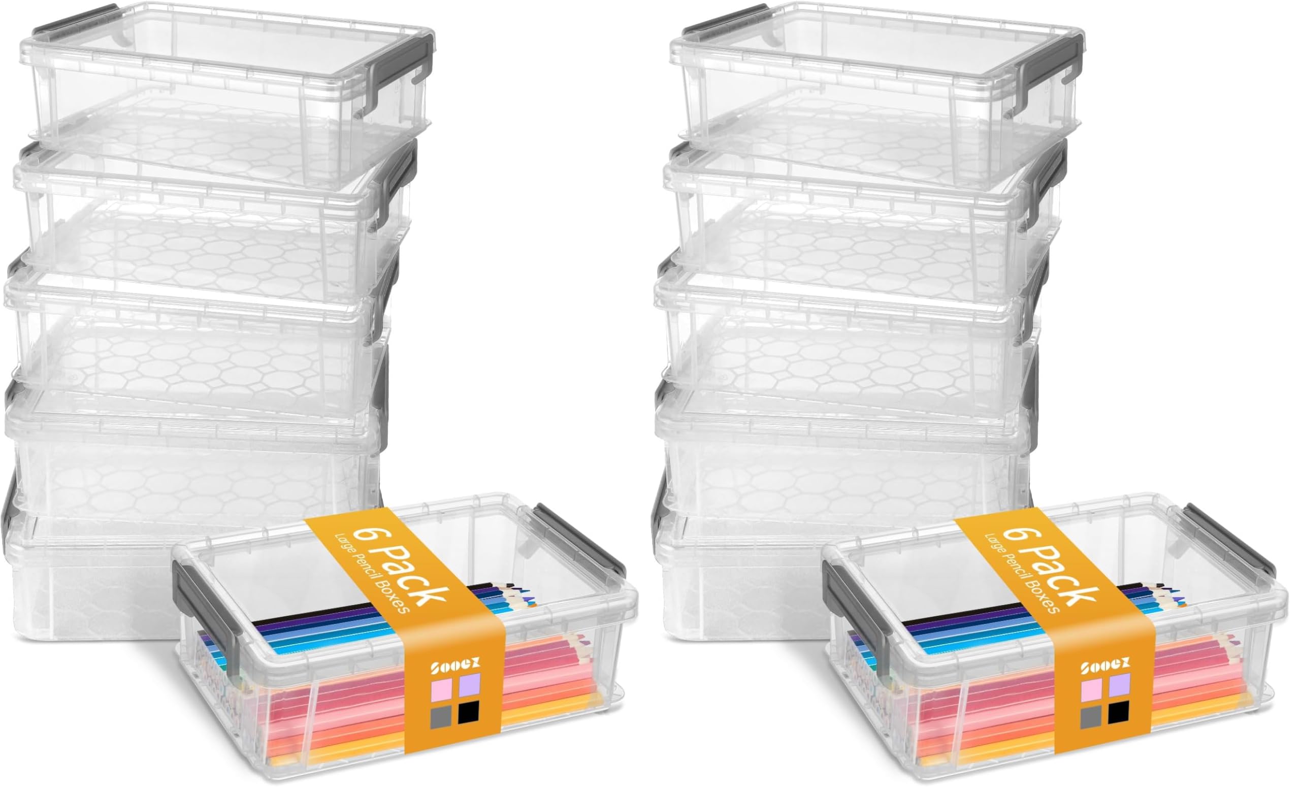 Sooez 6 Pack Extra Large Pencil Box, Plastic Pencil Case Crayon Box | Clear Marker Organizer Plastic Containers with Lid, Stackable Storage Boxes for Art Craft,Back to School Supplies, Grey
