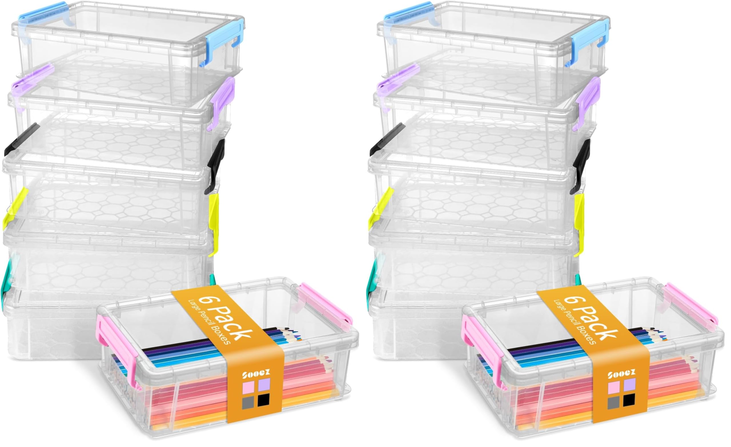 Sooez 6 Pack Extra Large Pencil Box, Plastic Pencil Case Crayon Box | Clear Marker Organizer Plastic Containers with Lid, Stackable Storage Boxes for Art Craft,Back to School Supplies, Grey