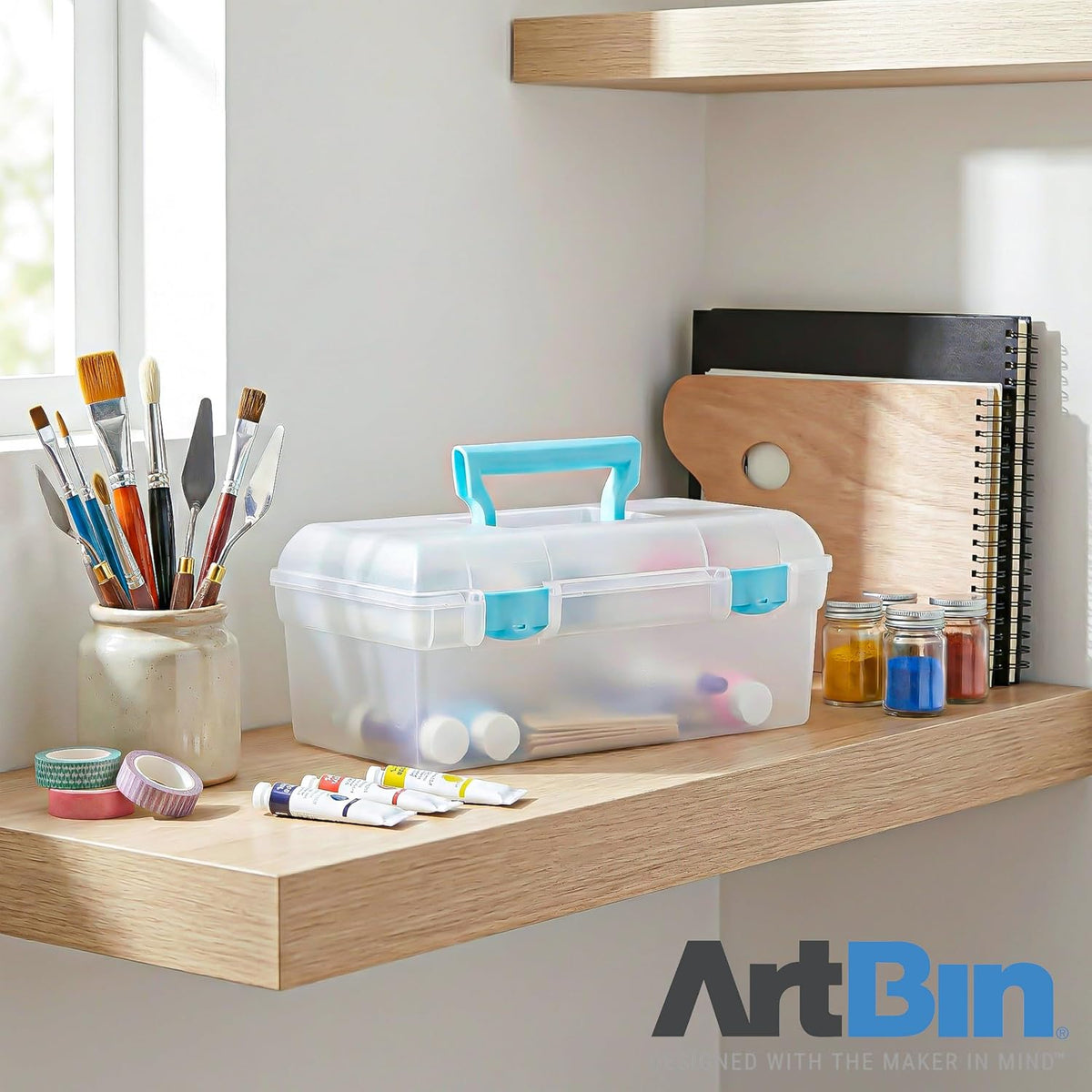 ArtBin 6937AG Essentials Lift-Out Tray Box, Portable Art & Craft Organizer with Handle and Tray, Clear/Aqua