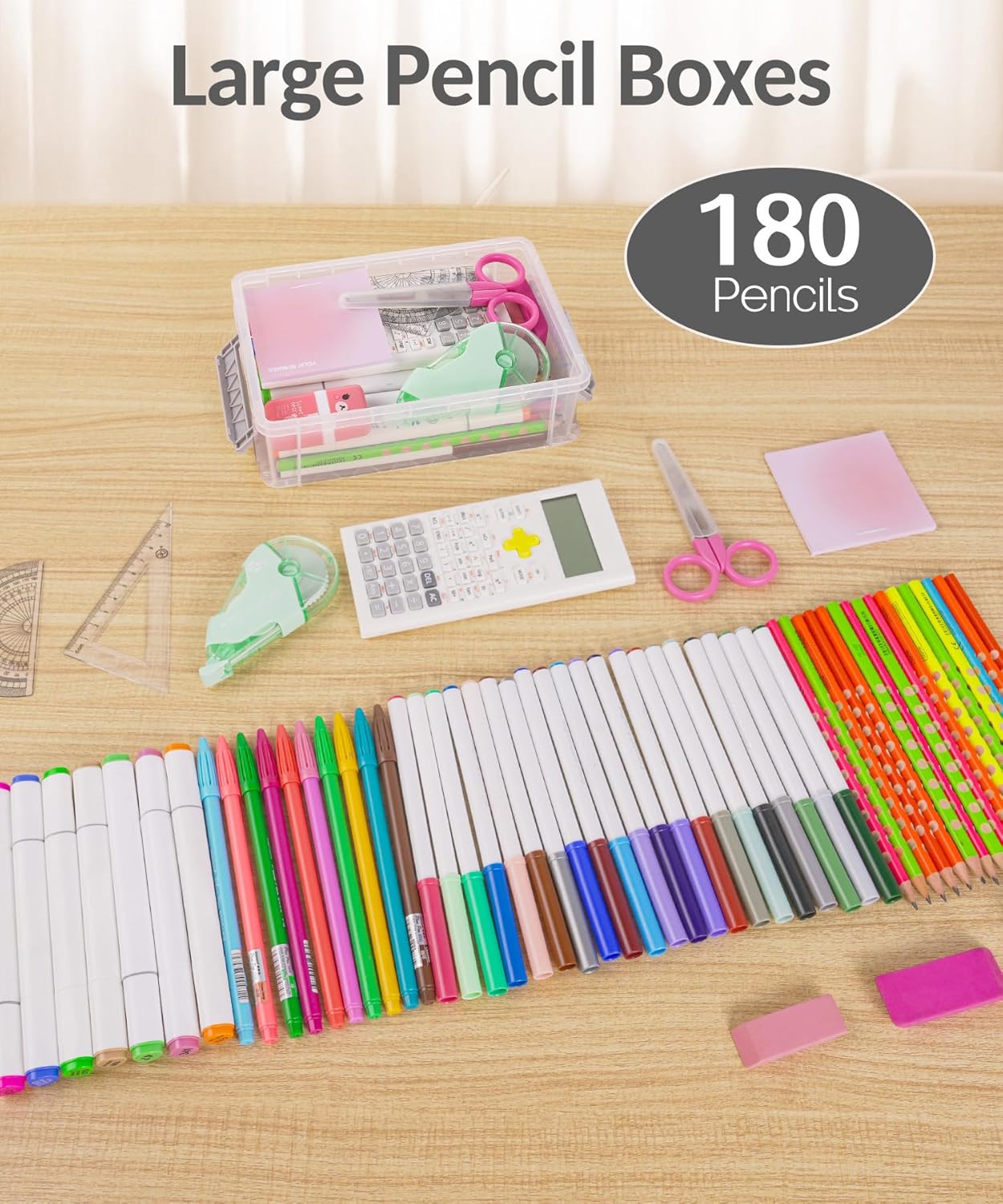 Sooez 6 Pack Extra Large Pencil Box, Plastic Pencil Case Crayon Box | Clear Marker Organizer Plastic Containers with Lid, Stackable Storage Boxes for Art Craft,Back to School Supplies, Grey