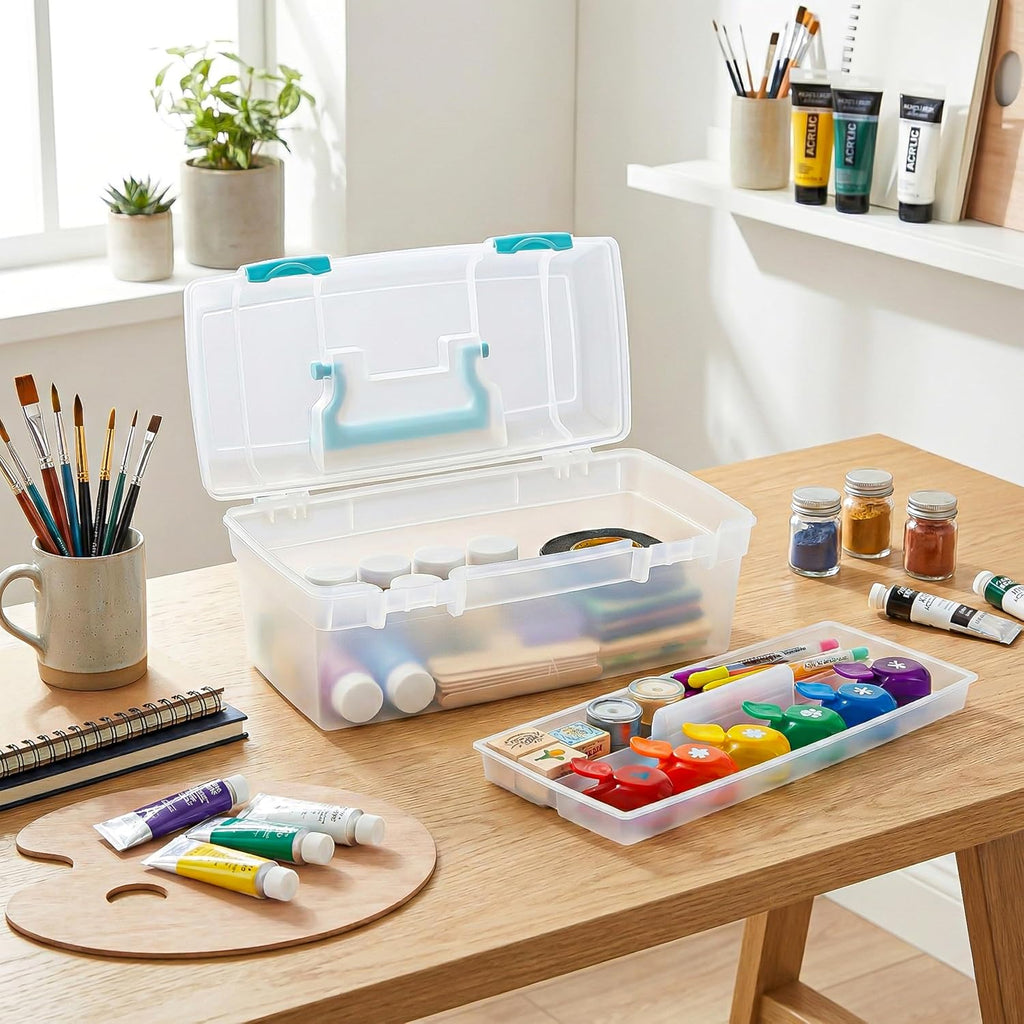 ArtBin 6937AG Essentials Lift-Out Tray Box, Portable Art & Craft Organizer with Handle and Tray, Clear/Aqua