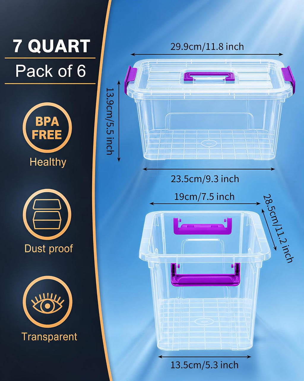 Storage Bins with Lids,7Qt Clear Stackable Storage Containers With Lids Buckle Latches.Perfect for LEGO, Crafts, Office Supplies, and Dorm Room Organization,6-Pack (Clear)