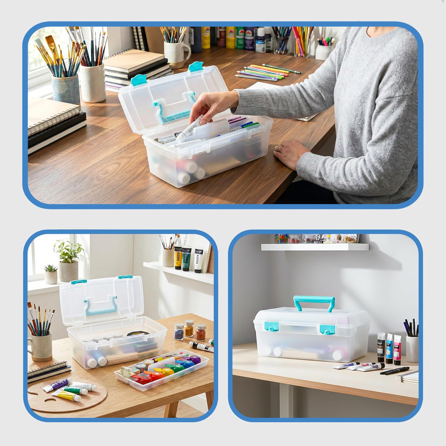 ArtBin 6937AG Essentials Lift-Out Tray Box, Portable Art & Craft Organizer with Handle and Tray, Clear/Aqua